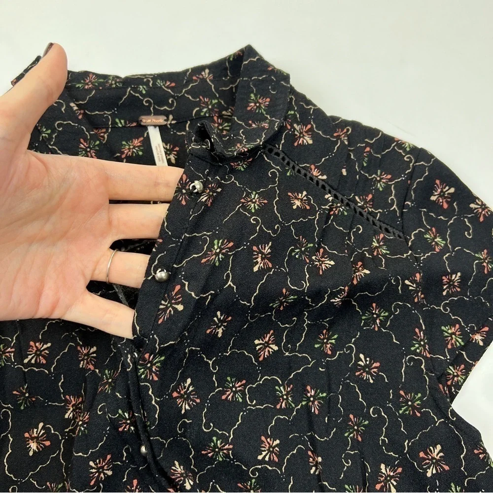 Free People Black Floral Printed Button Front Debby Dot Romper
